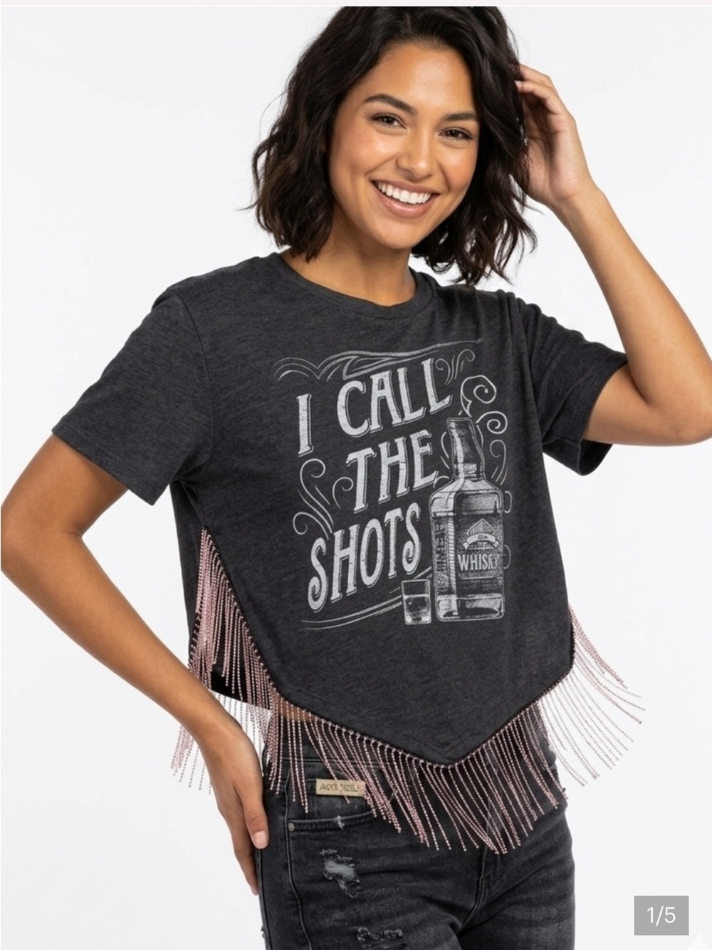 Modish Rebel Graphic I Call The Shots Fringe T-Shirt With Metal Chains Sz S